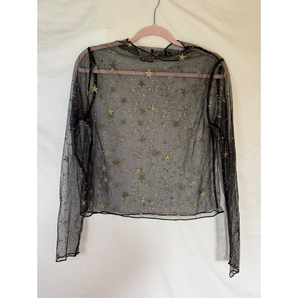 Nasty Gal Collection Black Gold Glitter Star Sheer Mesh Mock Neck Top Womens 6